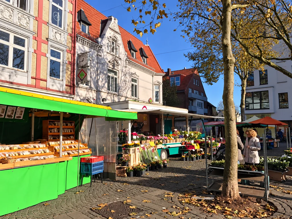 Marktstände und historische Giebelhäuser in Bremen